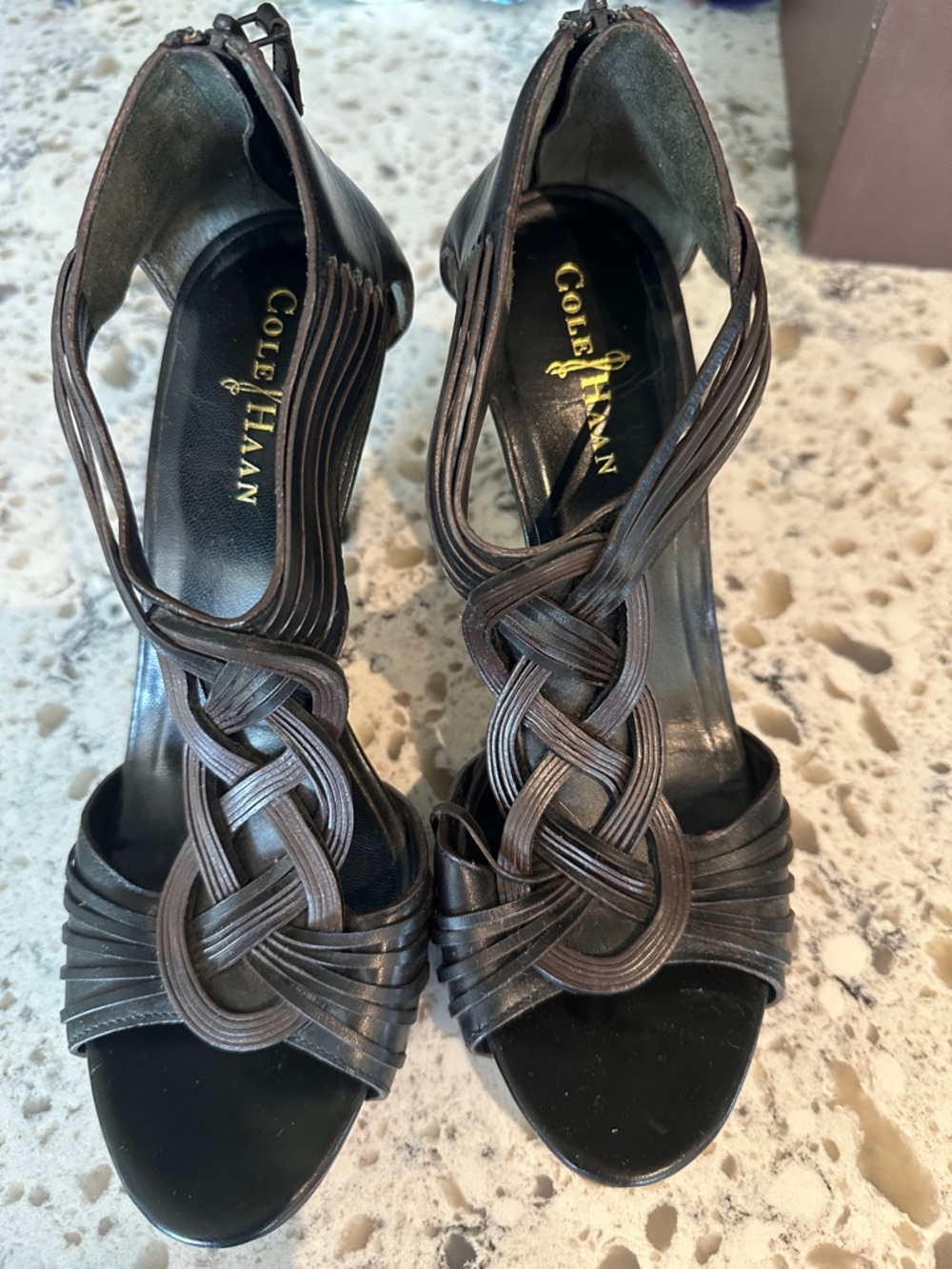 Cole Haan Brown Woven Leather Strappy Open-Toe Heels